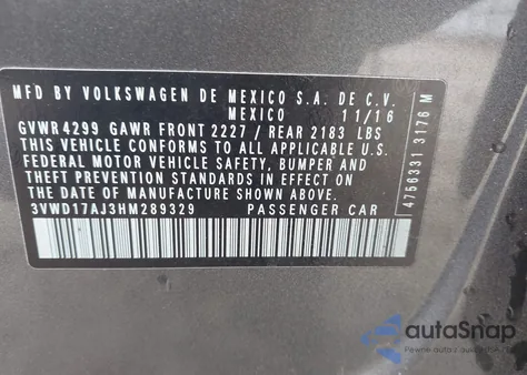 2017 Volkswagen Jetta 1.8T Sport z USA, uszkodzony, nr VIN 3VWD17AJ3HM289329